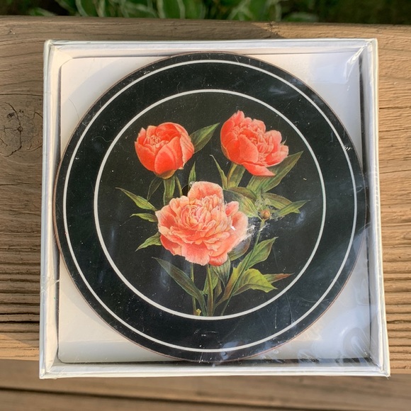 Set of 6 round coasters made in England. Peony design on black. Un-opened - Picture 1 of 6